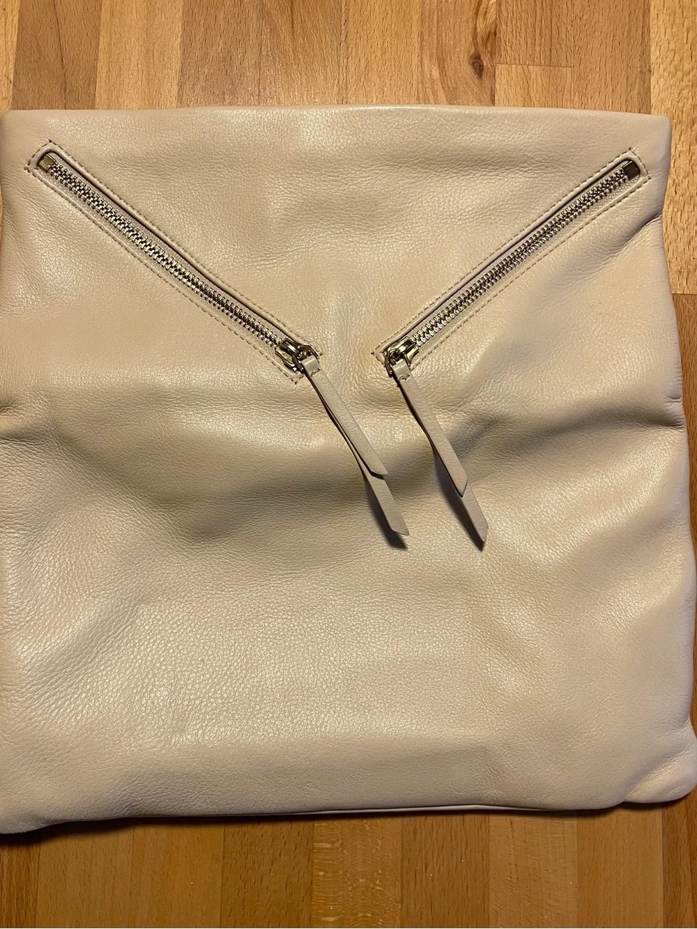 Cream Fold-Over Leather Clutch with Zip Accent